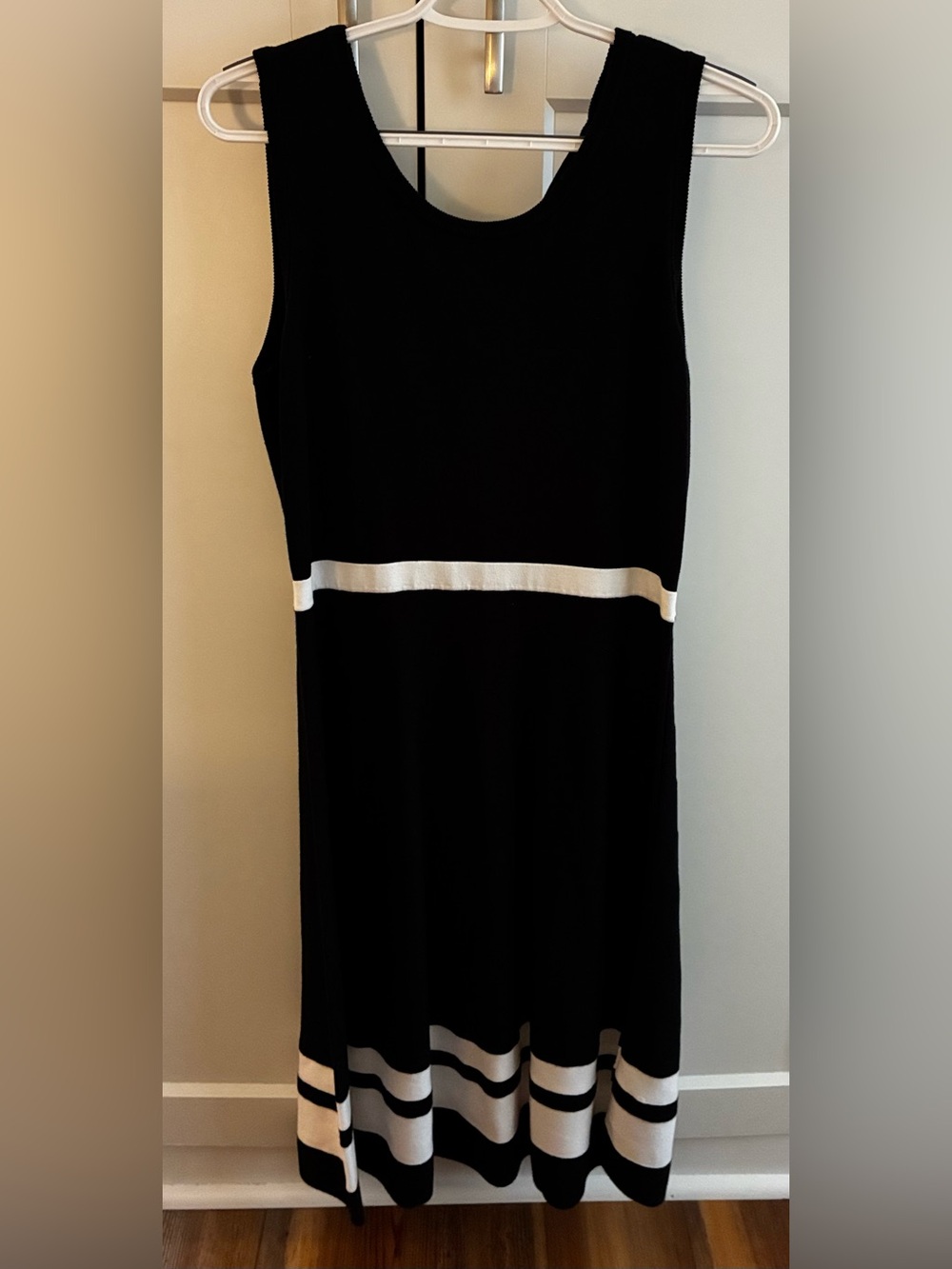 Black Sleeveless Knit Midi Dress with White Waistband and Striped Him